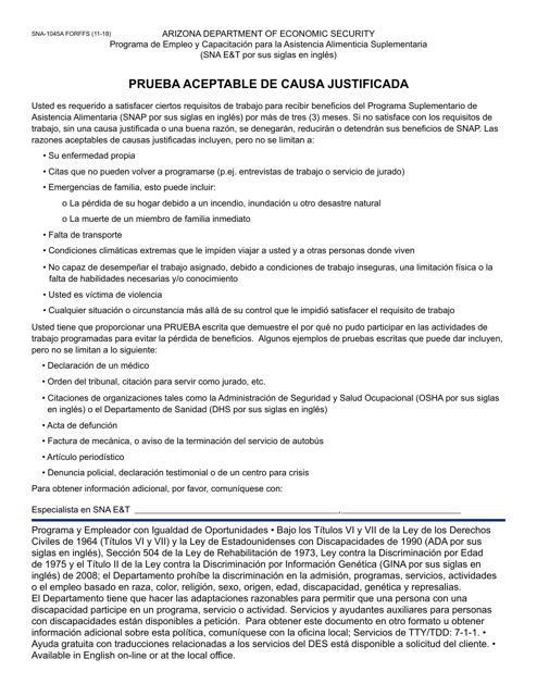 Formulario SNA-1045A-S Prueba Aceptable De Causa Justificada - Arizona (Spanish)