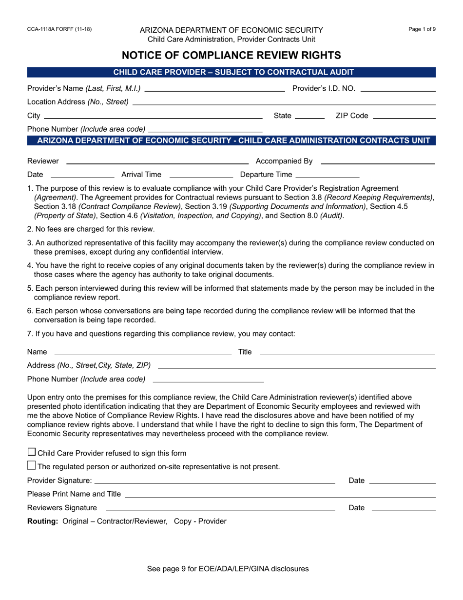 Form CCA-1118A Notice of Compliance Review Rights - Arizona, Page 1