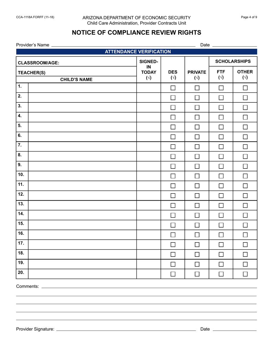 Form CCA-1118A Notice of Compliance Review Rights - Arizona, Page 4