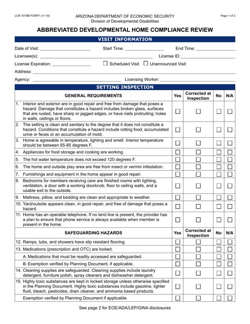Form LCR-1079B Abbreviated Developmental Home Compliance Review - Arizona