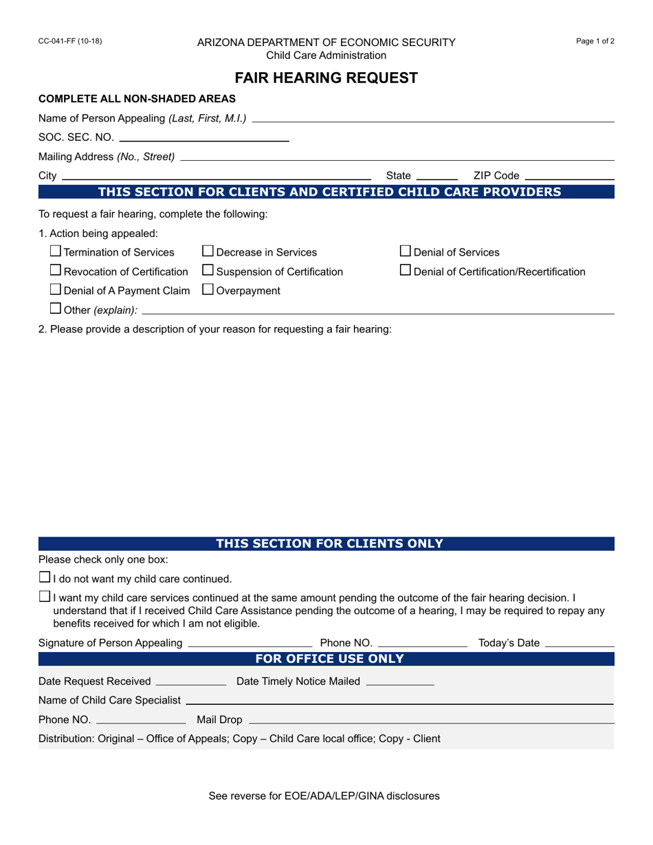 Form CC-041 Fair Hearing Request - Arizona, Page 1