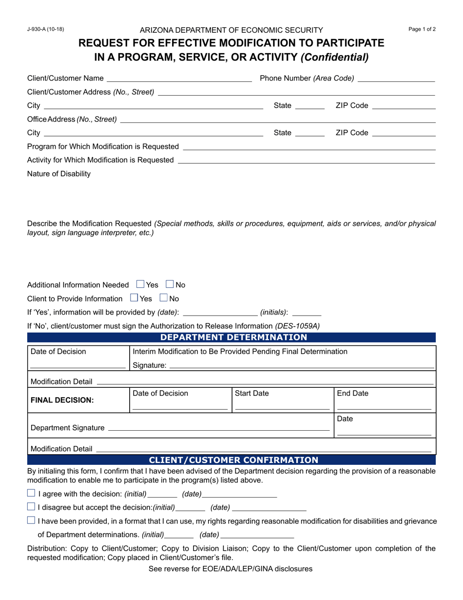 Form J-930-A Request for Effective Modification to Participate in a Program, Service, or Activity - Arizona, Page 1