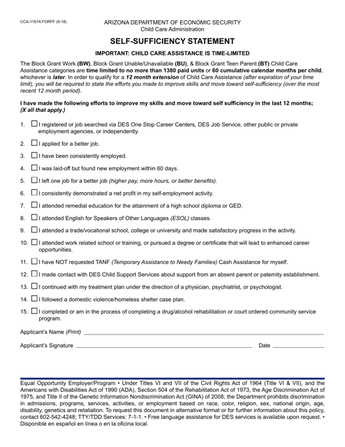 Form CCA-1161A Self-sufficiency Statement - Arizona
