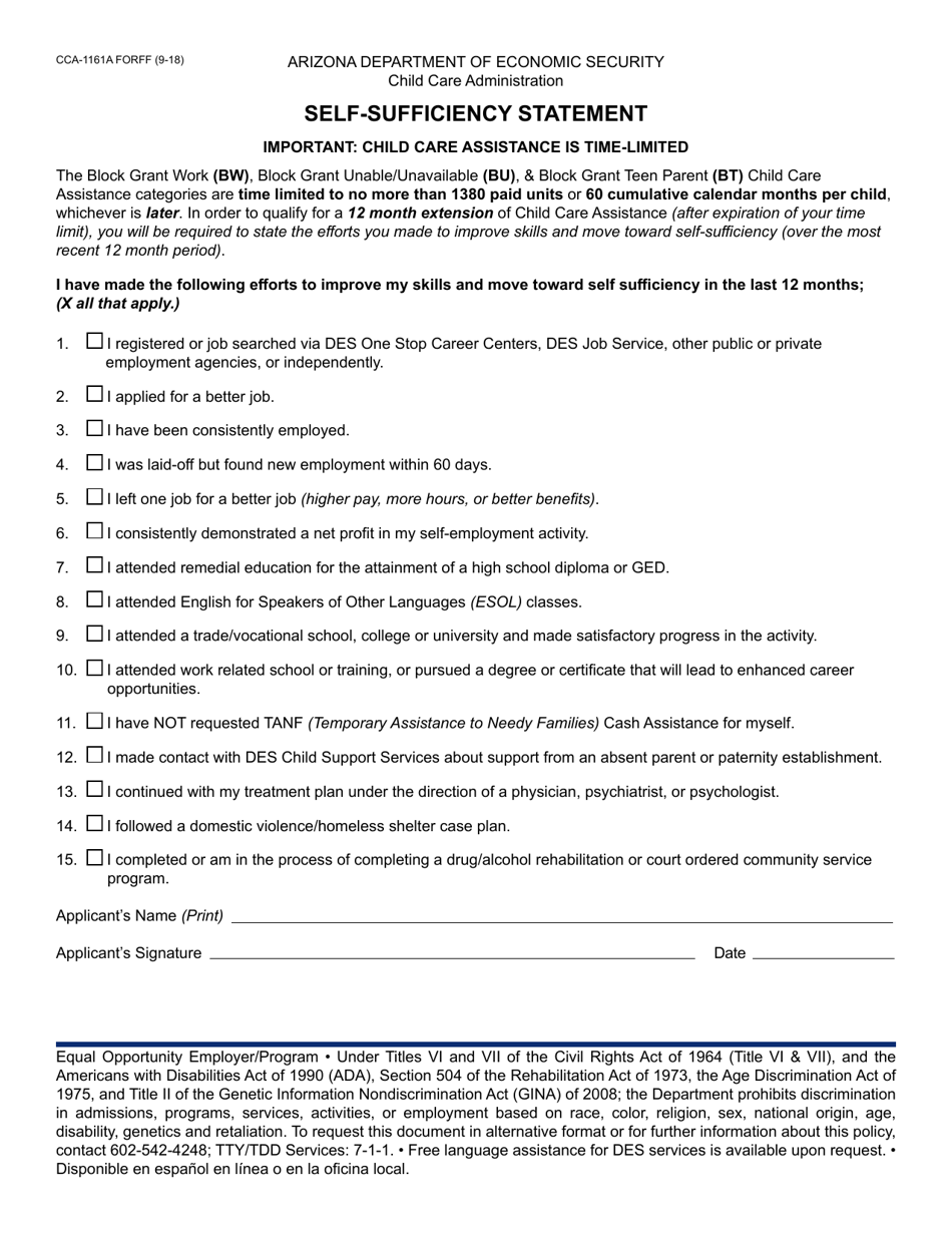 Form CCA-1161A Self-sufficiency Statement - Arizona, Page 1