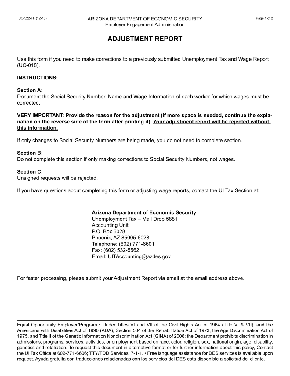 Form UC-522 Adjustment Report - Arizona, Page 1