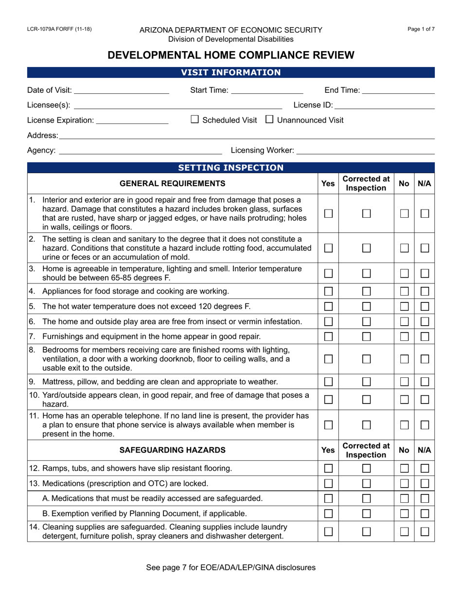 Form LCR-1079A Developmental Home Compliance Review - Arizona, Page 1