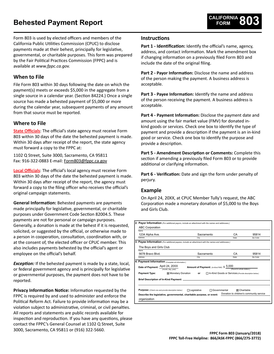 FPPC Form 803 Behested Payment Report - California, Page 2