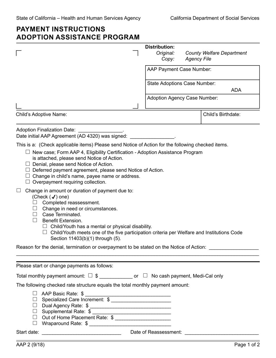 Form AAP2 Payment Instructions Adoption Assistance Program - California, Page 1