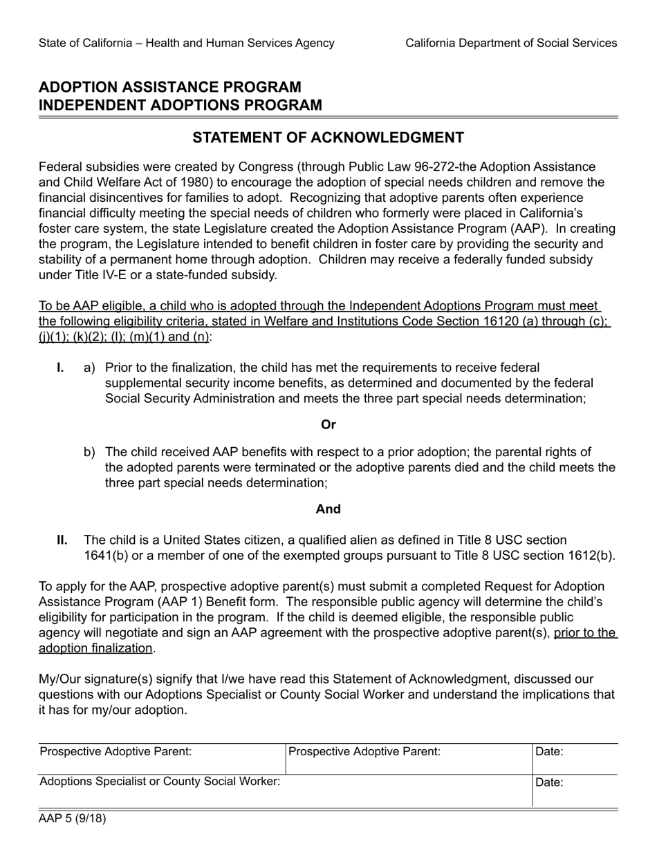 Form AAP5 Adoptions Assistance Program Independent Adoptions Program - California, Page 1