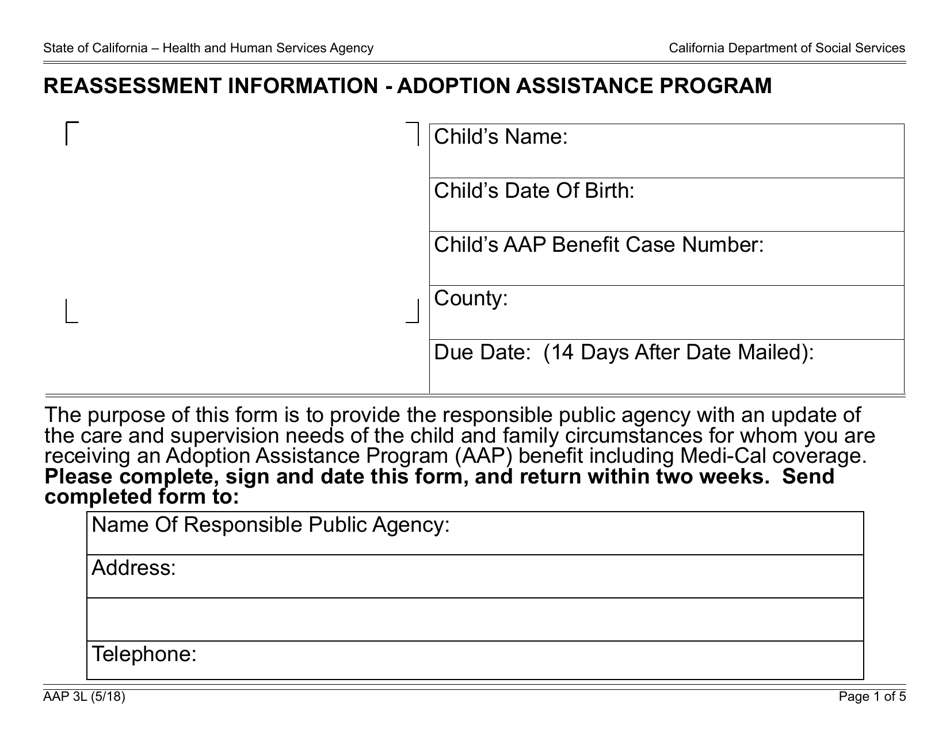 Form AAP3L Reassessment Information - Adoption Assistance Program - California, Page 1