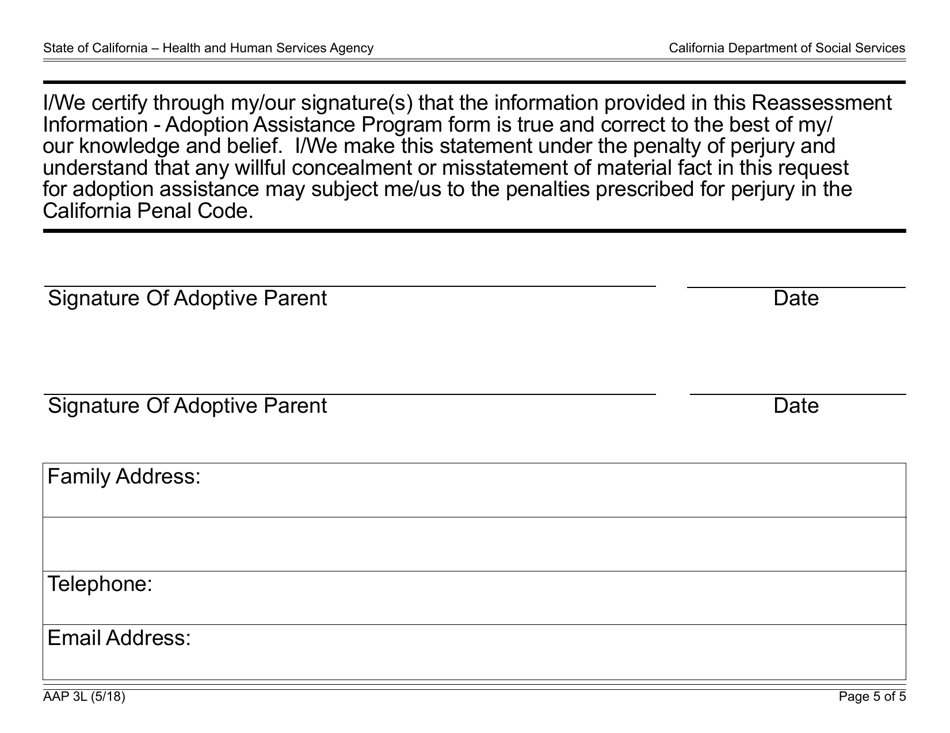 Form AAP3L Reassessment Information - Adoption Assistance Program - California, Page 5