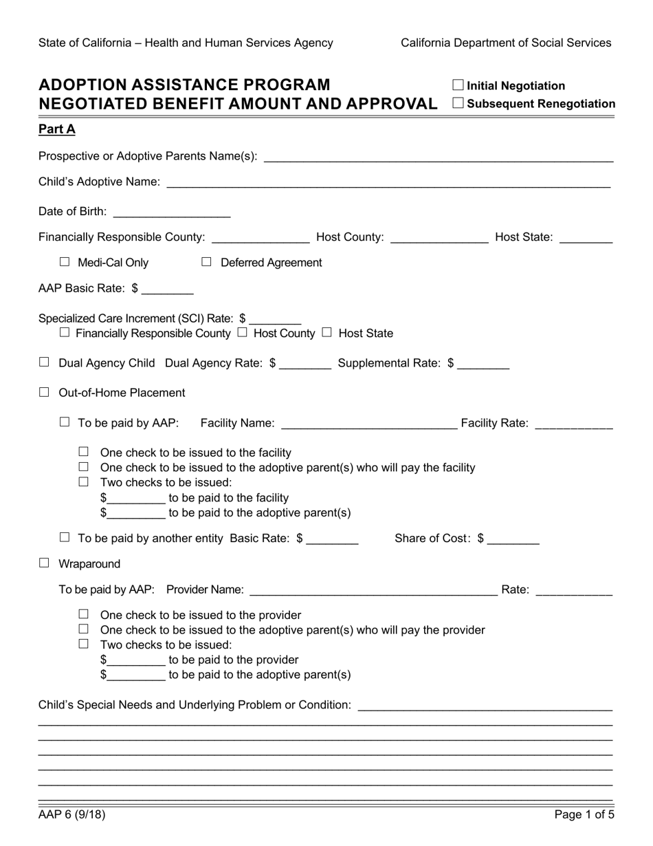 Form AAP6 Adoption Assistance Program Negotiated Benefit Amount and Approval - California, Page 1