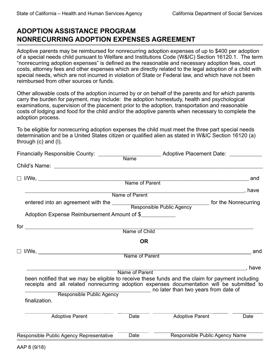 Form AAP8 Adoption Assistance Program Nonrecurring Adoption Expenses Agreement - California, Page 1