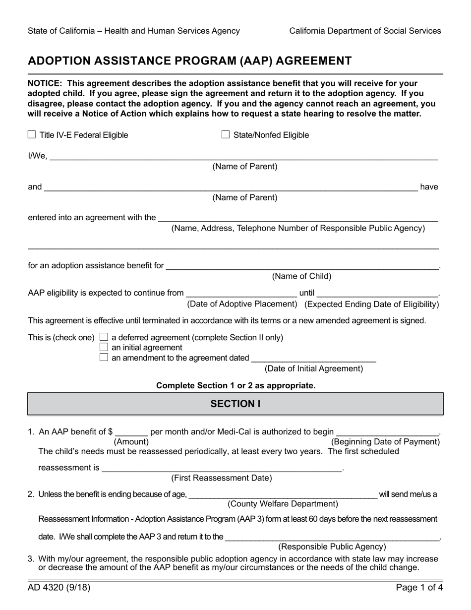 Form AD4320 Adoption Assistance Program (Aap) Agreement - California, Page 1