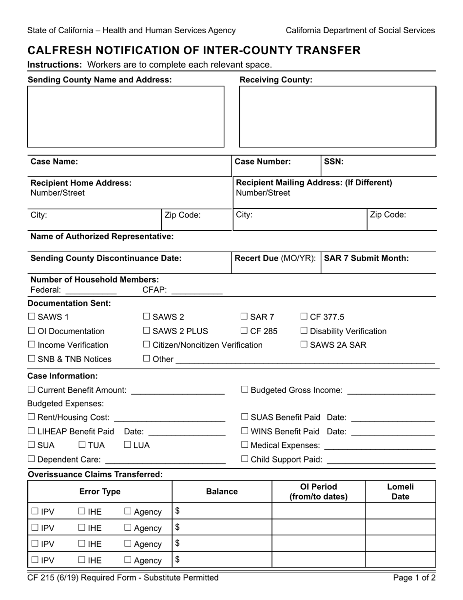 Form CF215 CalFresh Notification of Inter-County Transfer - California, Page 1