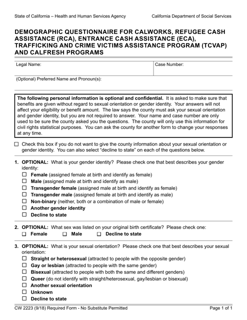 Form CW2223 Demographic Questionnaire for Calworks, Refugee Cash Assistance (Rca), Entrance Cash Assistance (Eca), Trafficking and Crime Victims Assistance Program (Tcvap) and CalFresh Programs - California