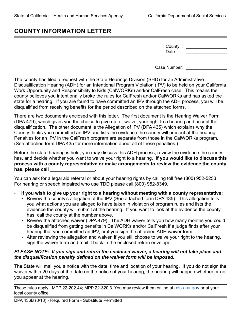 Form DPA436B County Information Letter - California, Page 1