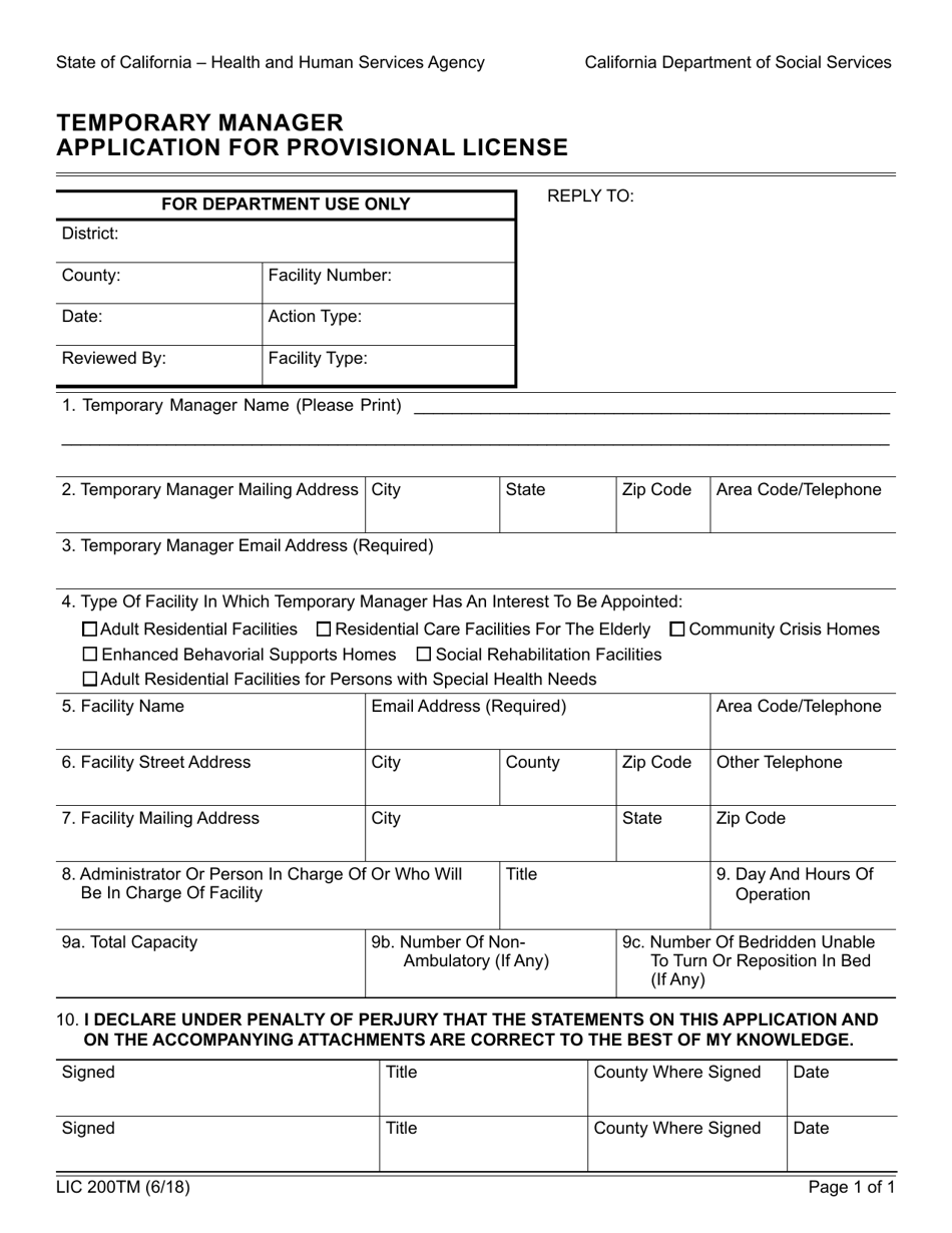 Form LIC200TM Temporary Manager Application for Provisional License - California, Page 1