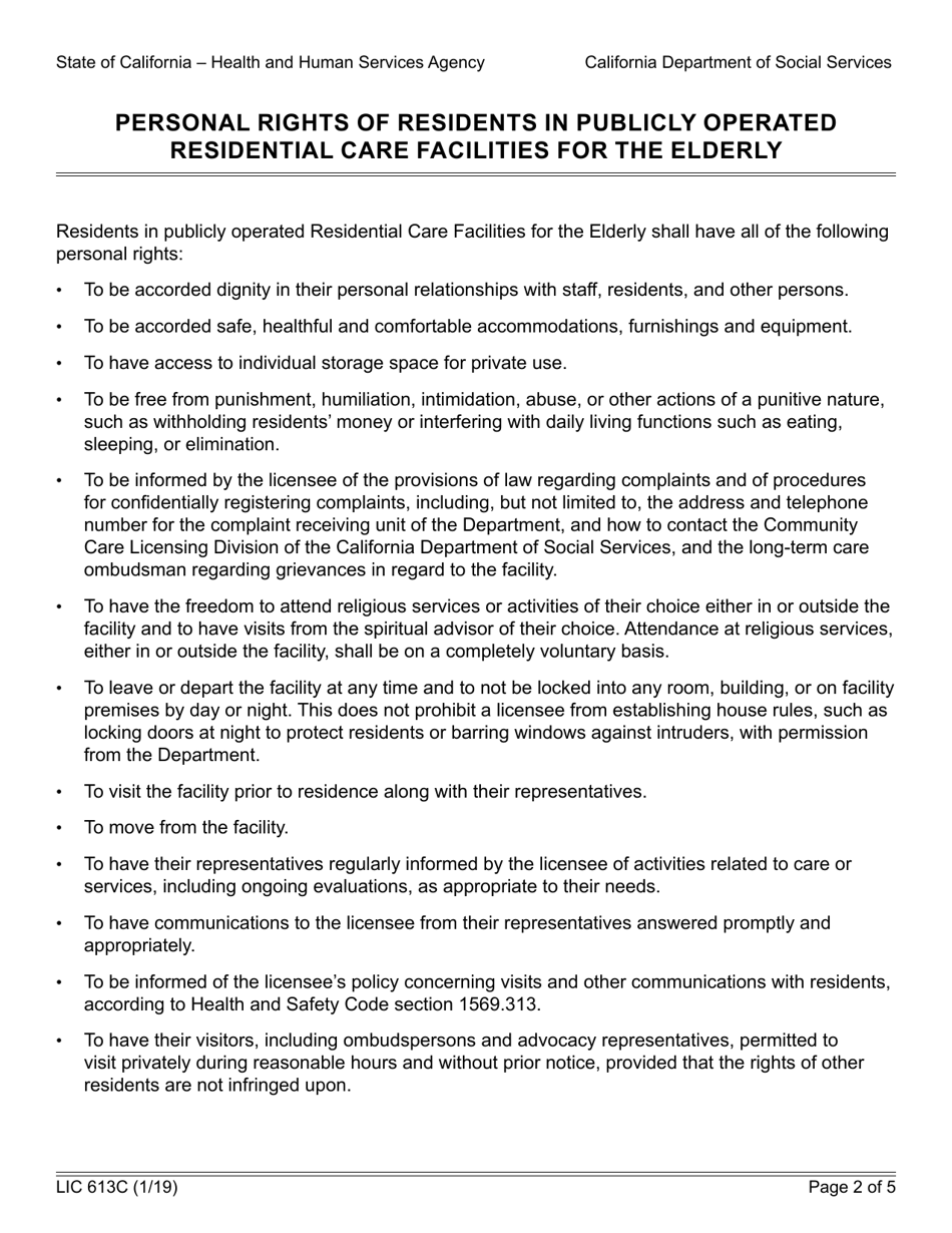 Form LIC613C Personal Rights of Residents in Publicly Operated Residential Care Facilities for the Elderly - California, Page 2