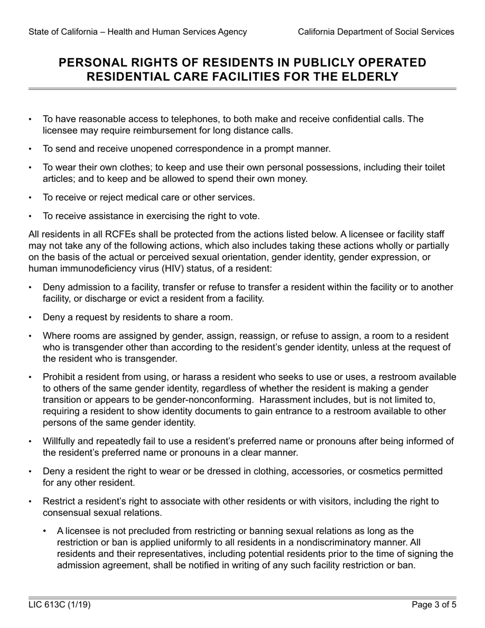 Form LIC613C Personal Rights of Residents in Publicly Operated Residential Care Facilities for the Elderly - California, Page 3