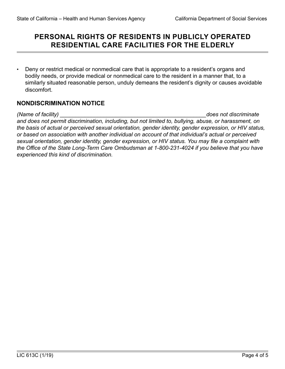 Form LIC613C Personal Rights of Residents in Publicly Operated Residential Care Facilities for the Elderly - California, Page 4