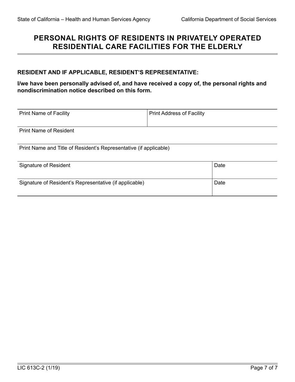 Form LIC613C-2 Personal Rights of Residents in Privately Operated Residential Care Facilities for the Elderly - California, Page 7