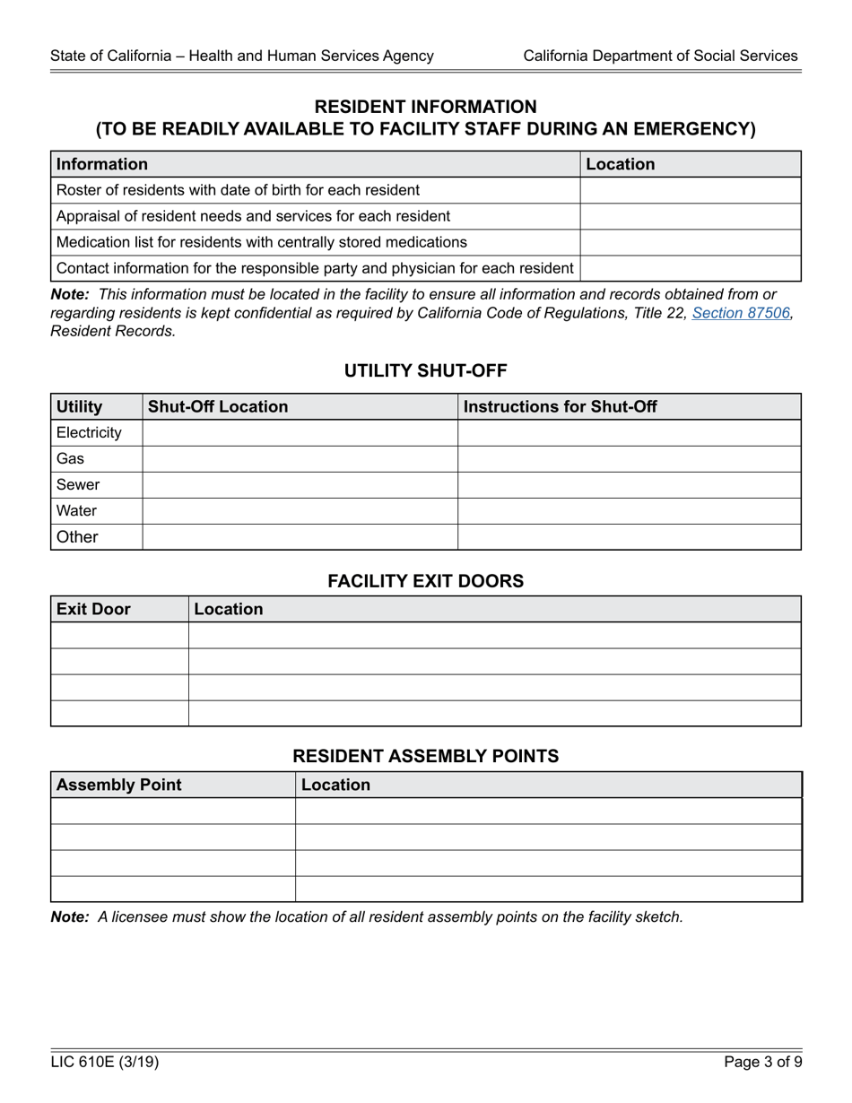 Form LIC610E Emergency Disaster Plan for Residential Care Facilities for the Elderly - California, Page 3