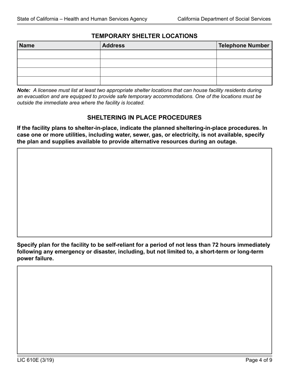 Form LIC610E Emergency Disaster Plan for Residential Care Facilities for the Elderly - California, Page 4