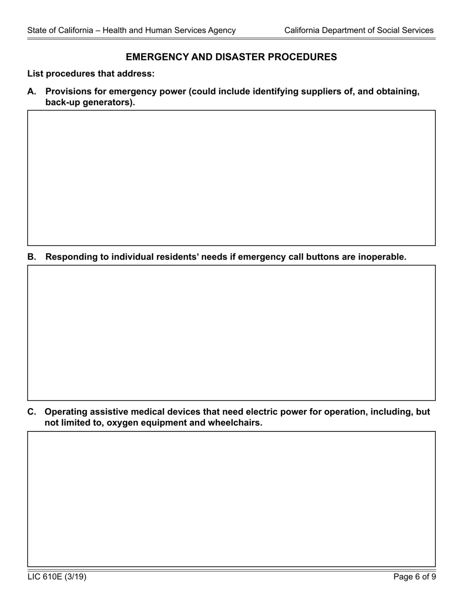 Form LIC610E Emergency Disaster Plan for Residential Care Facilities for the Elderly - California, Page 6