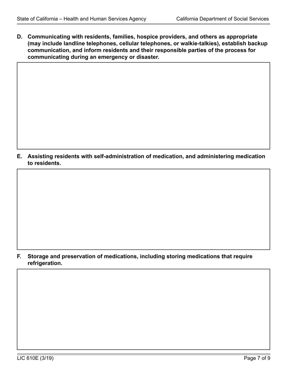 Form LIC610E Emergency Disaster Plan for Residential Care Facilities for the Elderly - California, Page 7