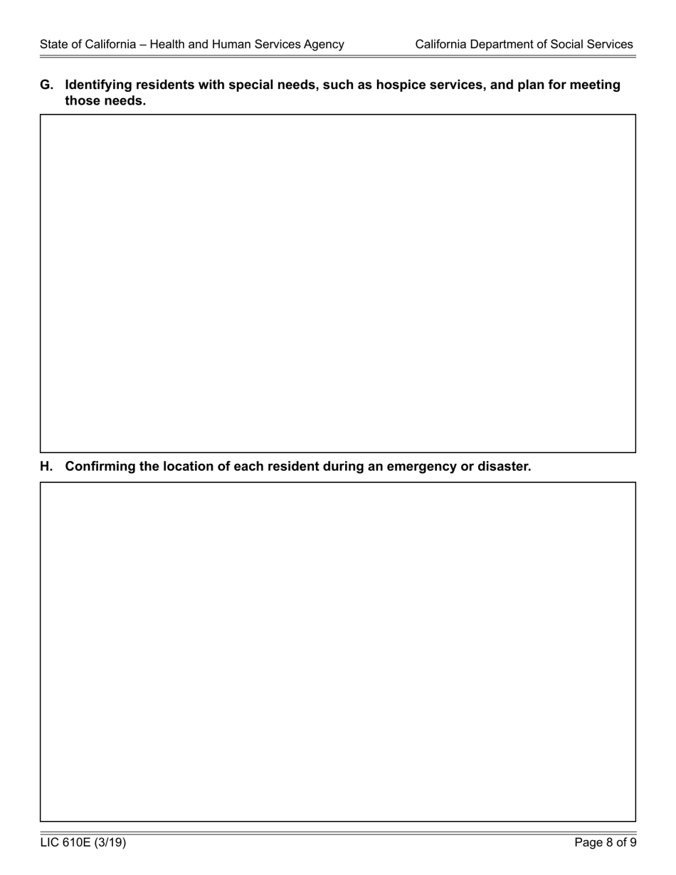 Form LIC610E Emergency Disaster Plan for Residential Care Facilities for the Elderly - California, Page 8