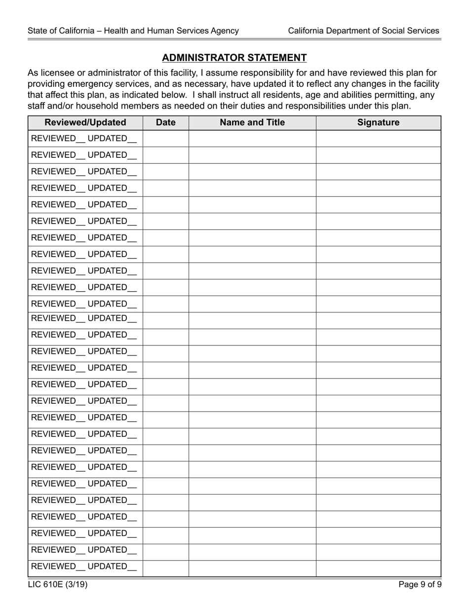 Form LIC610E Emergency Disaster Plan for Residential Care Facilities for the Elderly - California, Page 9
