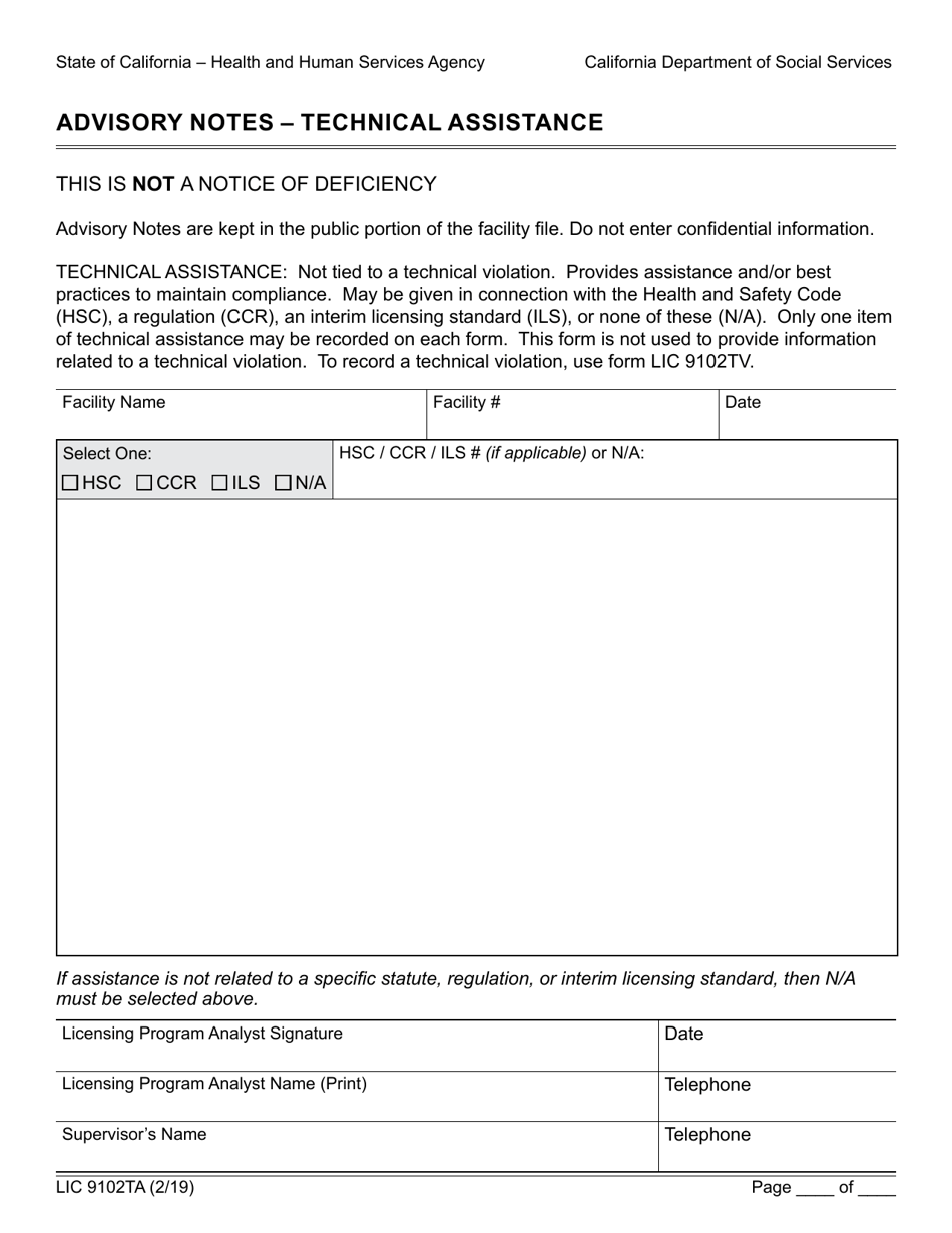 Form LIC9102TA Advisory Notes - Technical Assistance - California, Page 1