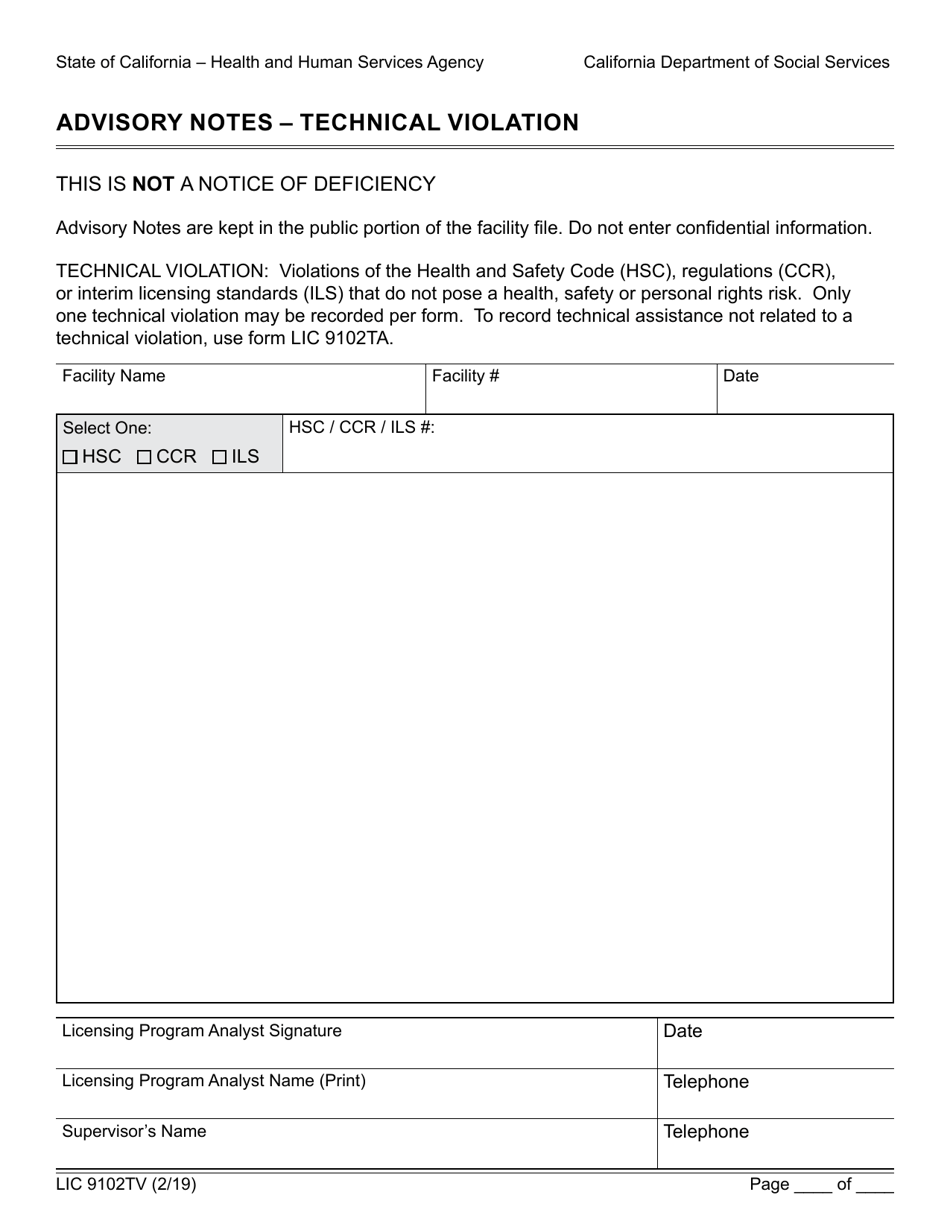 Form LIC9102TV Advisory Notes - Technical Violation - California, Page 1