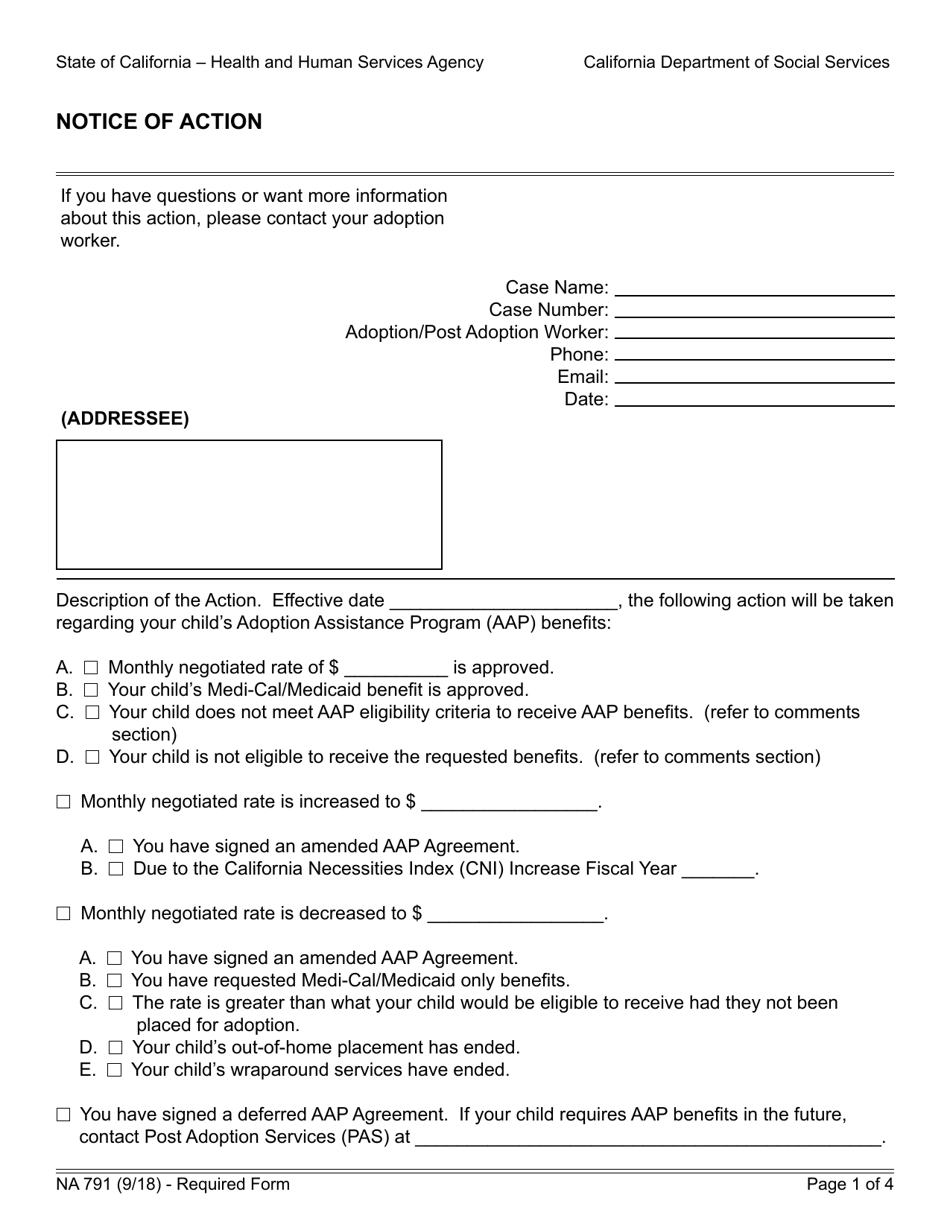 Form NA791 Notice of Action - Approval / Denial / Change - California, Page 1