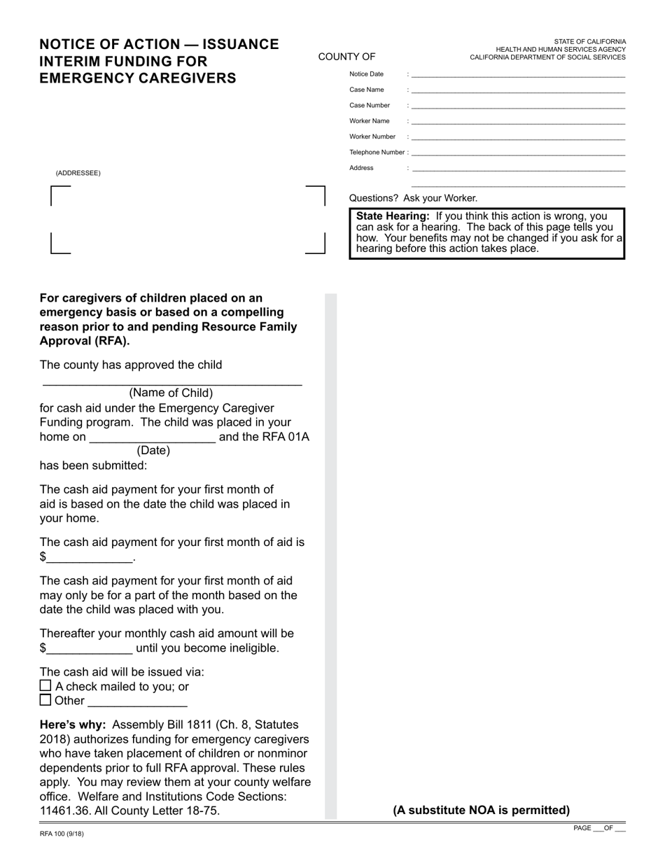 Form RFA100 Notice of Action - Issuance Interim Funding for Emergency Caregivers - California, Page 1