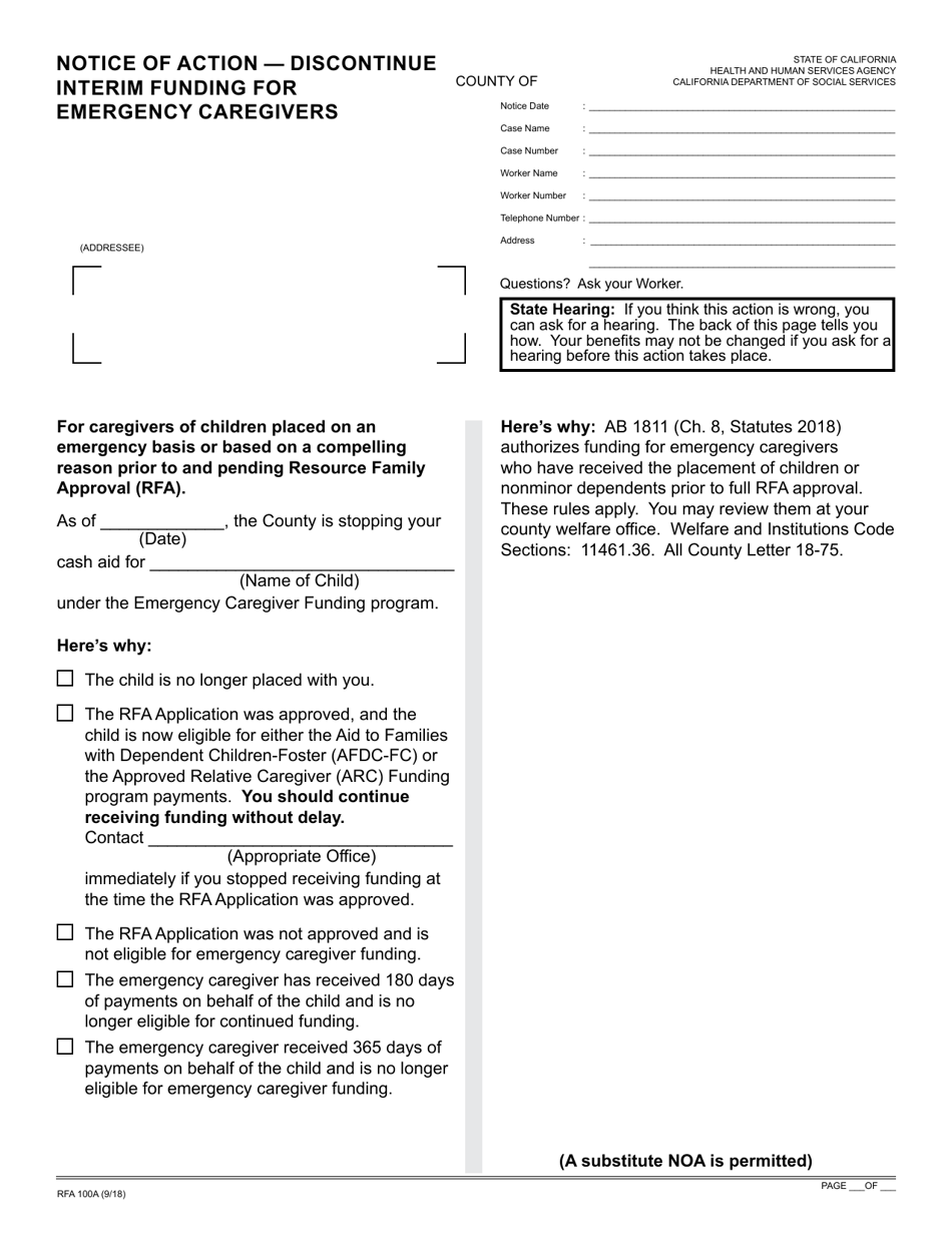 Form RFA100A Notice of Action - Discontinue Interim Funding for Emergency Caregivers - California, Page 1