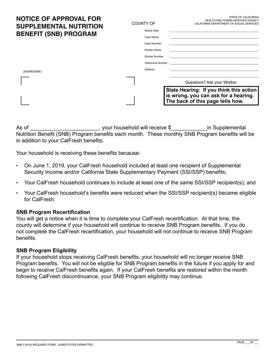 Form SNB2 Notice of Approval for Supplemental Nutrition Benefit (Snb) Program - California, Page 1