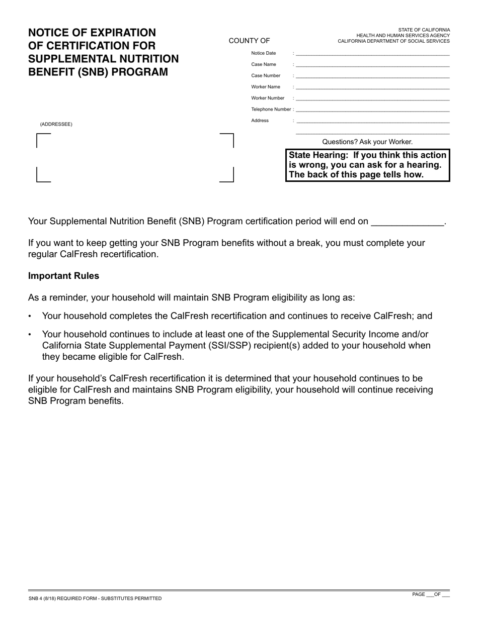 Form SNB4 Notice of Expiration of Certification for Supplemental Nutrition Benefit (Snb) Program - California, Page 1