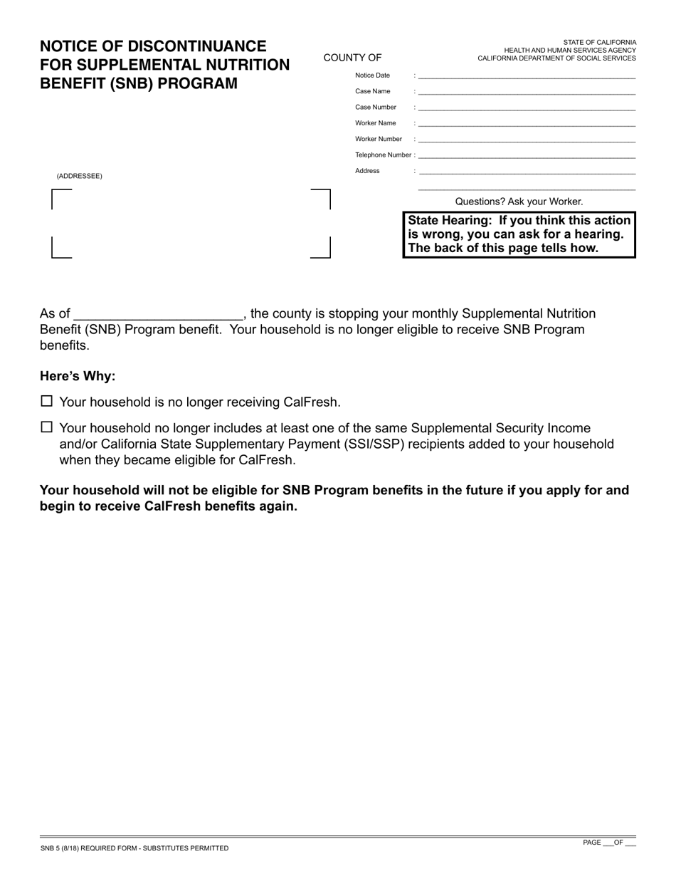 Form SNB5 Notice of Discontinuance for Supplemental Nutrition Benefit (Snb) Program - California, Page 1