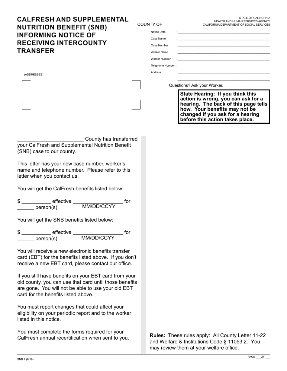 Form SNB7 CalFresh and Supplemental Nutrition Benefit (Snb) Informing Notice of Receiving Intercounty Transfer - California, Page 1