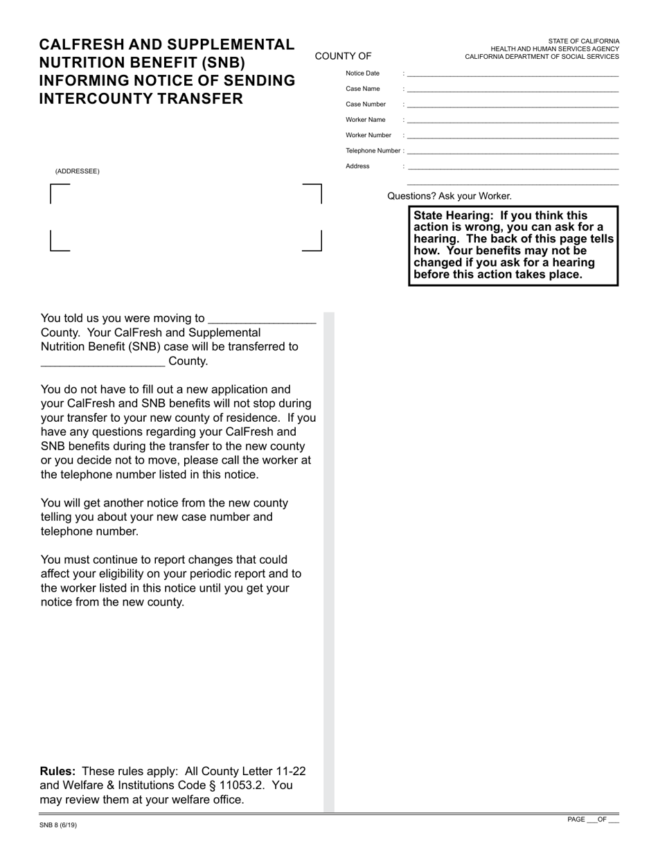 Form SNB8 CalFresh and Supplemental Nutrition Benefit (Snb) Informing Notice of Sending Intercounty Transfer - California, Page 1