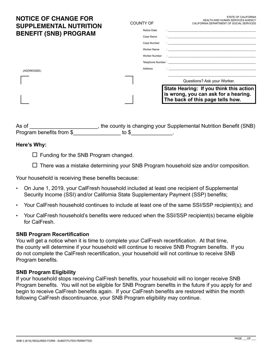 Form SNB3 Notice of Change for Supplemental Nutrition Benefit (Snb) Program - California, Page 1