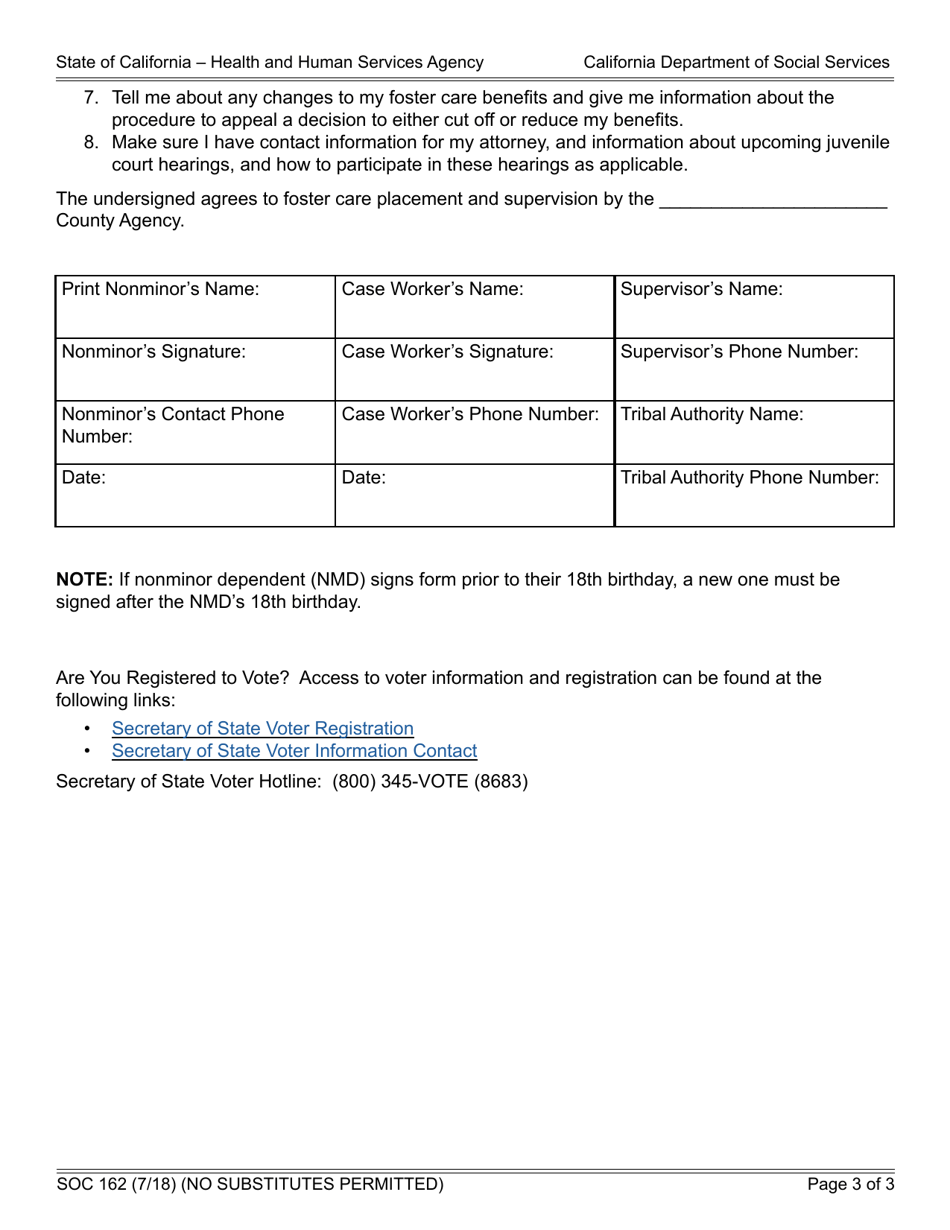 Form SOC162 Mutual Agreement for Extended Foster Care - California, Page 3