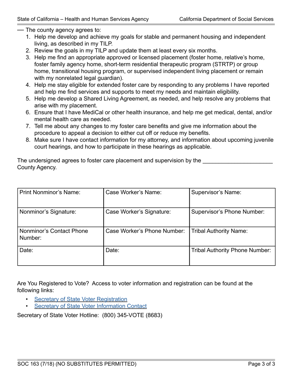 Form SOC163 Voluntary Re-entry Agreement for Extended Foster Care - California, Page 3