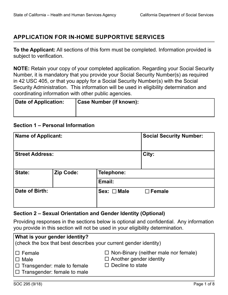 Form SOC295 Application for in-Home Supportive Services - California, Page 1