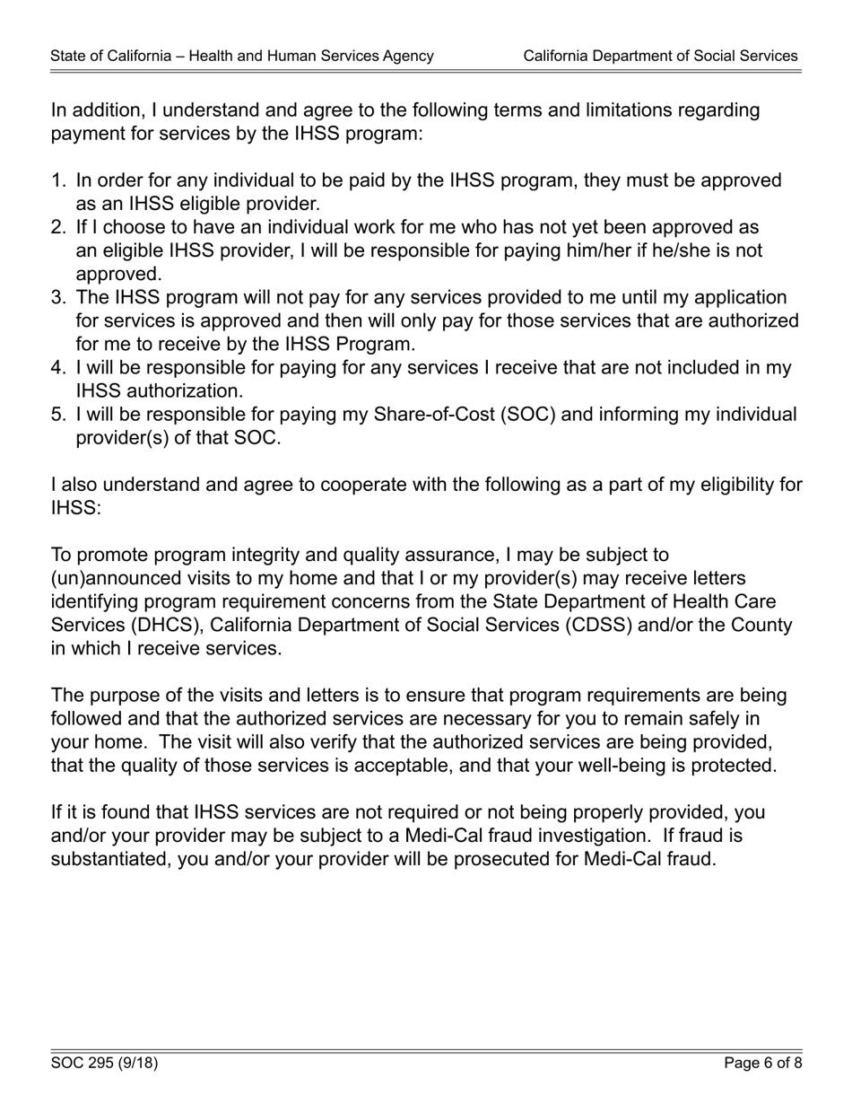 Form SOC295 Application for in-Home Supportive Services - California, Page 6