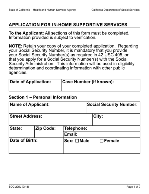 Form SOC295L Application for in-Home Supportive Services - California
