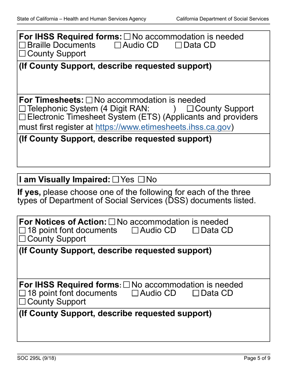 Form SOC295L Application for in-Home Supportive Services - California, Page 5