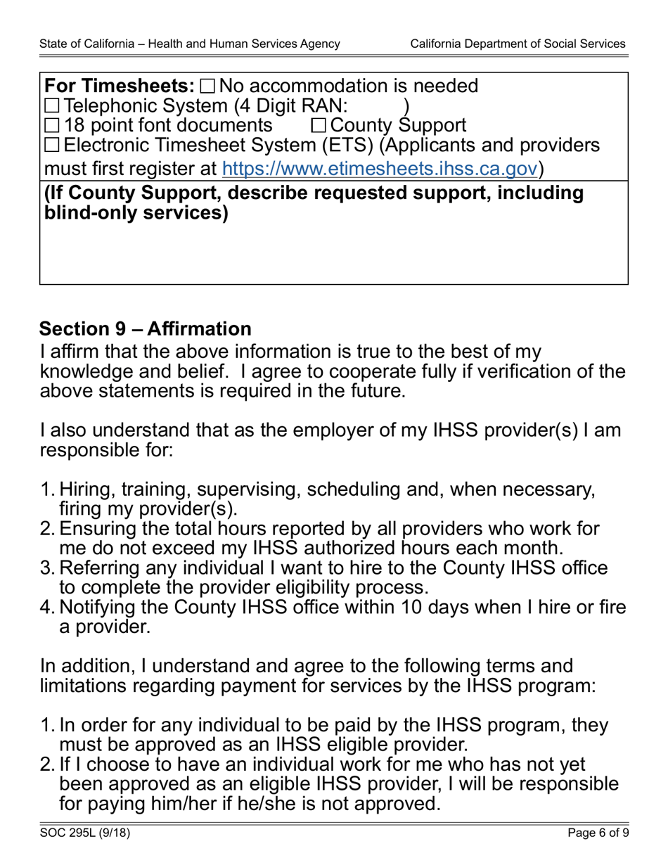 Form SOC295L Application for in-Home Supportive Services - California, Page 6